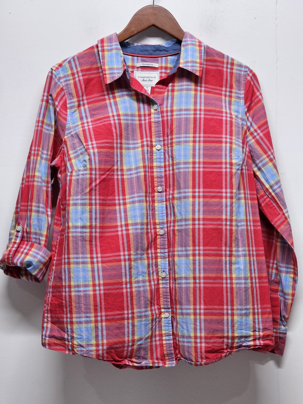 Charter Club Shirt Shop Relaxed Fit Button Up Plaid Long Sleeve Shirt Size 12